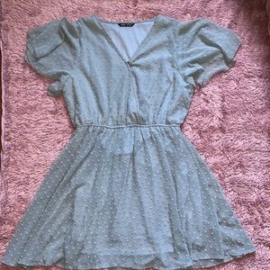 Casual Neutral Blue Dress W/ Textured Polka Dot Detail